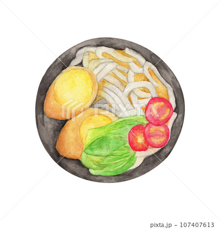 Asian ramen noodles with egg in bowl. Watercolor illustration. 107407613