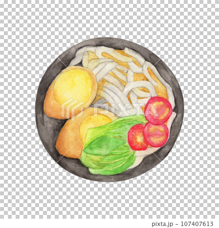 Asian ramen noodles with egg in bowl. Watercolor illustration. 107407613
