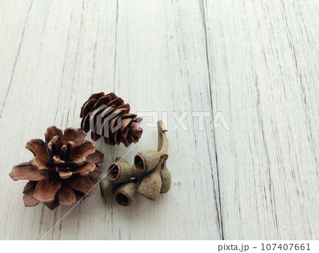 白いテーブルに置かれた松ぼっくり 107407661