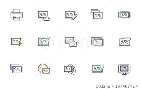 Photo line icons. Download picture, Print image, Photo camera icons. Edit image, Presentation and photo printer. Picture gallery carousel, placeholder pic. View portfolio. Vector 107407717