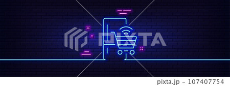 Neon light glow effect. Refrigerator with online shopping line icon. Fridge sign. Freezer storage symbol. 3d line neon glow icon. Brick wall banner. Refrigerator outline. Vector Neon light glow effect. Refrigerator with online shopping line icon. Fridge sign. Freezer storage symbol. 3d line neon glow icon. Brick wall banner. Refrigerator outline. Vector 107407754