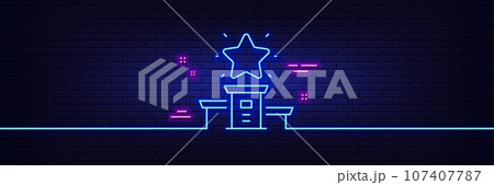 Neon light glow effect. Winner podium line icon. First place sign. Best rank star symbol. 3d line neon glow icon. Brick wall banner. Winner podium outline. Vector Neon light glow effect. Winner podium line icon. First place sign. Best rank star symbol. 3d line neon glow icon. Brick wall banner. Winner podium outline. Vector 107407787