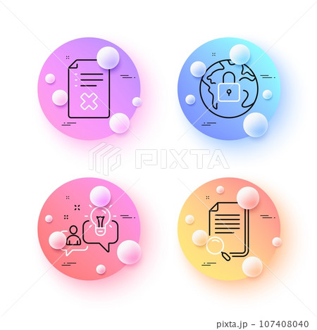 Idea, Reject file and Lock minimal line icons. 3d spheres or balls buttons. Search file icons. For web, application, printing. Solution, Decline agreement, Web protection. Find document. Vector 107408040