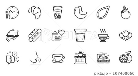 Outline set of Orange, Cooking beaker and Hotdog line icons for web application. Talk, information, delivery truck outline icon. Include Food delivery, Ice creams, Food donation icons. Vector 107408060