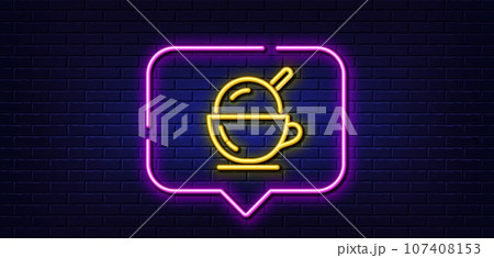 Neon light speech bubble. Coffee cup with ice cream line icon. Vanilla sundae sign. Frozen summer dessert symbol. Neon light background. Ice cream glow line. Brick wall banner. Vector Neon light speech bubble. Coffee cup with ice cream line icon. Vanilla sundae sign. Frozen summer dessert symbol. Neon light background. Ice cream glow line. Brick wall banner. Vector 107408153