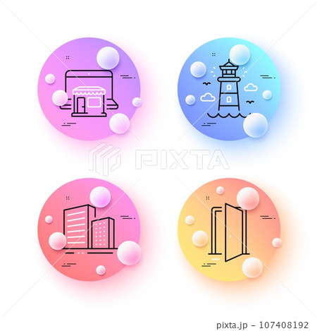 Open door, Marketplace and Buildings minimal line icons. 3d spheres or balls buttons. Lighthouse icons. For web, application, printing. Entrance, Online shop, City architecture. Beacon tower. Vector Open door, Marketplace and Buildings minimal line icons. 3d spheres or balls buttons. Lighthouse icons. For web, application, printing. Entrance, Online shop, City architecture. Beacon tower. Vector 107408192