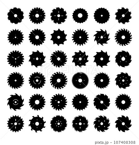 Circular saw. Silhouettes of different rotary blades recent vector cutting wood items Circular saw. Silhouettes of different rotary blades recent vector cutting wood items 107408308