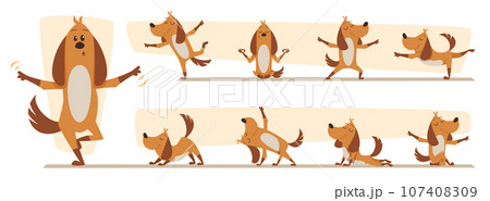 Sport animal. Happy dog in yoga poses exact vector fitness activity Sport animal. Happy dog in yoga poses exact vector fitness activity 107408309