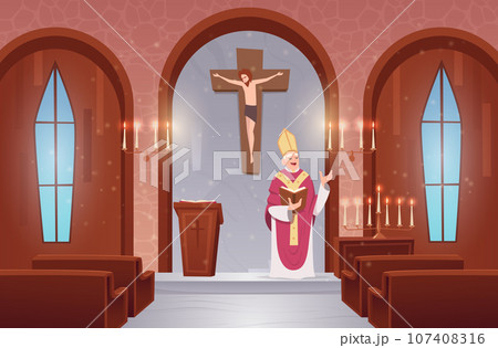 Church interior. Indoor background of catholic church exact vector religion template illustration in cartoon style Church interior. Indoor background of catholic church exact vector religion template illustration in cartoon style 107408316