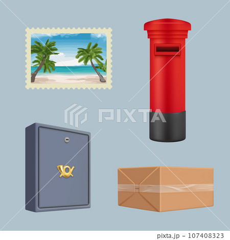 Post office tools. Envelopes boxes wax stamp post packages decent vector realistic pictures collection Post office tools. Envelopes boxes wax stamp post packages decent vector realistic pictures collection 107408323