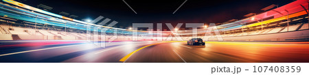 Under the night sky, a sleek sports car speeds along a racetrack. AI generative. 107408359