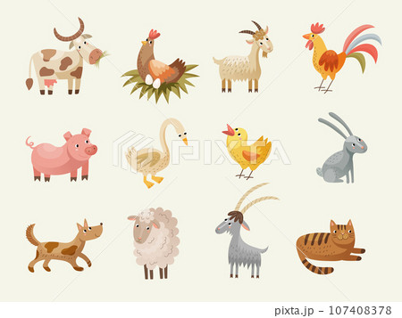 Farm animals. Colored domestic animals recent vector cartoon illustrations set Farm animals. Colored domestic animals recent vector cartoon illustrations set 107408378