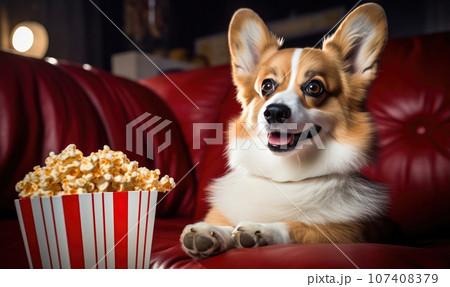Adorable corgi enjoys popcorn on a cozy couch, ready for TV time. AI generative. 107408379