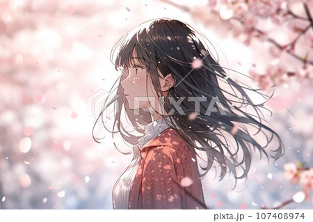 桜吹雪と若い女性のイラスト（AI生成画像） 107408974