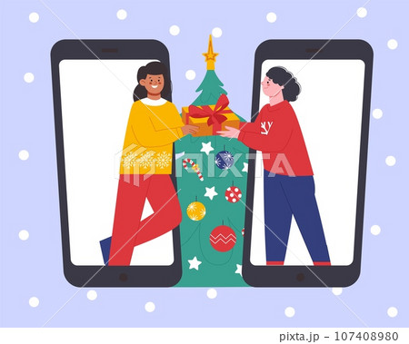 Christmas gifts exchange. Cute friends on smartphone screen with gift box. Christmas or new year party online scene. Happy holidays splendid vector concept Christmas gifts exchange. Cute friends on smartphone screen with gift box. Christmas or new year party online scene. Happy holidays splendid vector concept 107408980