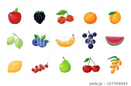 Cartoon fruits and berries. Isolated berry, fresh sweet healthy natural desserts. Banana and watermelon slice, apple and peach nowaday vector clipart Cartoon fruits and berries. Isolated berry, fresh sweet healthy natural desserts. Banana and watermelon slice, apple and peach nowaday vector clipart 107408983