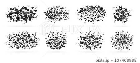 Particles shatter and burst. Black explosion, glass or plastic broken. Bursts destructions, explode effect with geometry confetti, racy vector set Particles shatter and burst. Black explosion, glass or plastic broken. Bursts destructions, explode effect with geometry confetti, racy vector set 107408988