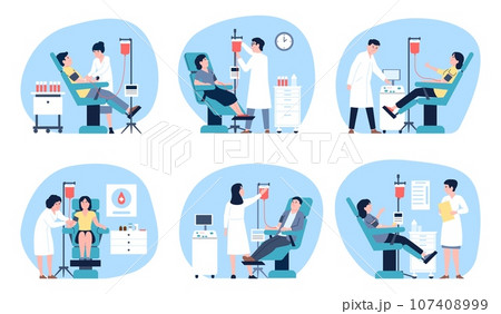 Blood donors, volunteers donating blood in hospital. Medical center and equipment, nurses, doctors and patients. Donor flat recent vector characters 107408999