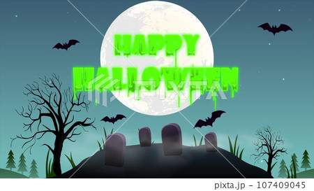 Halloween animation video. Happy Halloween and bats on moon night background. Motion graphics. Intro video. 107409045