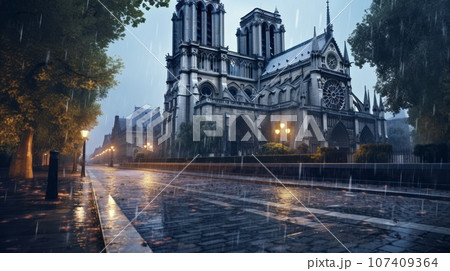 Notre-Dame de Paris on a beautiful summer night, glowing with night lights. French old Catholic gothic Church. Famous Tourist destination. Ai generated. 107409364