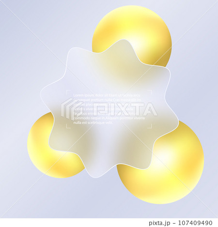 Glass morphism background. Glass rounded wavy banner made of transparent frosted glass and gold spheres on a light background. Glass morphism background. Glass rounded wavy banner made of transparent frosted glass and gold spheres on a light background. 107409490