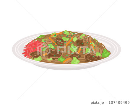皿に盛り付けられた、ソース焼きそばのイラスト 107409499