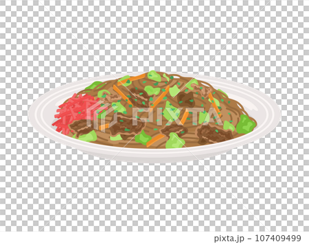 皿に盛り付けられた、ソース焼きそばのイラスト 107409499