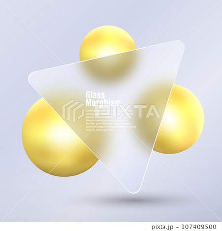 Glass morphism background. Glass triangular banner made of clear frosted glass and gold spheres on a light background. 107409500