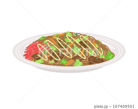 皿に盛り付けられた、マヨネーズをかけた、ソース焼きそばのイラスト 107409501