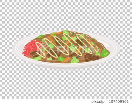 皿に盛り付けられた、マヨネーズをかけた、ソース焼きそばのイラスト 107409501