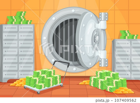 Bank vault inside. Vaults door room with electronic entrance banking storage, cartoon interior safe locker of cash finance wealth money dollar gold bullion neat vector illustration Bank vault inside. Vaults door room with electronic entrance banking storage, cartoon interior safe locker of cash finance wealth money dollar gold bullion neat vector illustration 107409562