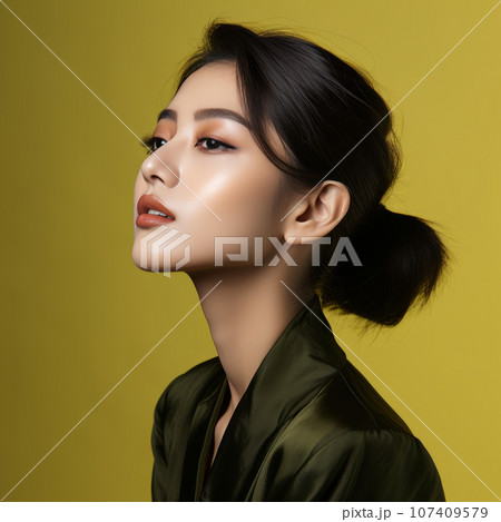 Portrait of a beautiful asian woman with black hair and brown makeup. Beautiful sensual asian girl with long hair. Asian beauty. Pretty asian model posing on olive background at studio, fashion style. 107409579