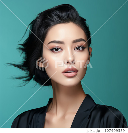 Portrait of a beautiful asian woman with black hair and natural makeup. Beautiful sensual asian girl with hair. Asian beauty. Pretty japanese model posing on green background, fashion style. 107409589
