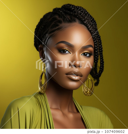 Portrait of beautiful afro american woman with bright makeup and braids. Attractive dark skin girl with stylish jewerly accessuoris. Pretty face of afro model on green background. Afro American beauty 107409602