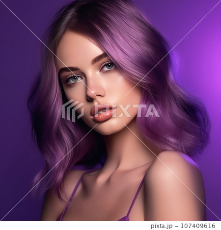 Portrait of a beautiful white woman with dyed  hair in purple and bright makeup. Beautiful girl with healthy wavy  hair.  Attractive white model posing on pink background, fashion style. 107409616