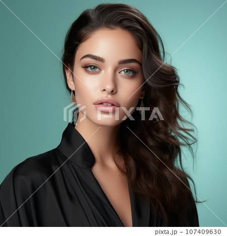 Portrait of beautiful young woman with long brown hair and  bright makeup on azure background. Attractive caucasian girl with healthy, clean skin of face. Beauty face of white model. White girl beauty 107409630