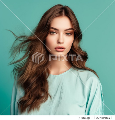 Portrait of beautiful young woman with long brown hair and  bright makeup on azure background. Attractive caucasian girl with healthy, clean skin of face. Beauty face of white model. White girl beauty 107409631