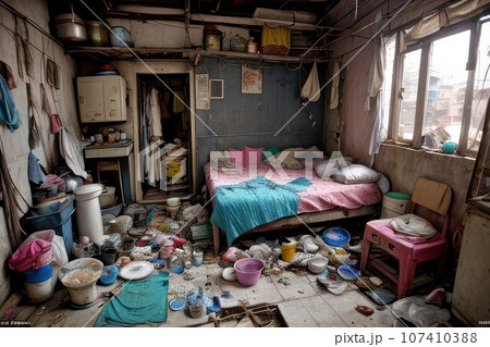 Room in a slum with a dirty bed with a pillow...のイラスト素材 [107410388] - PIXTA