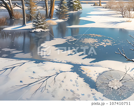 雪の積もった凍った川 107410751