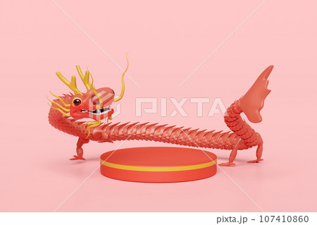 3d chinese new year 2024 capricorn with cylinder stage podium empty isolated on pink background. 3d render illustration 107410860