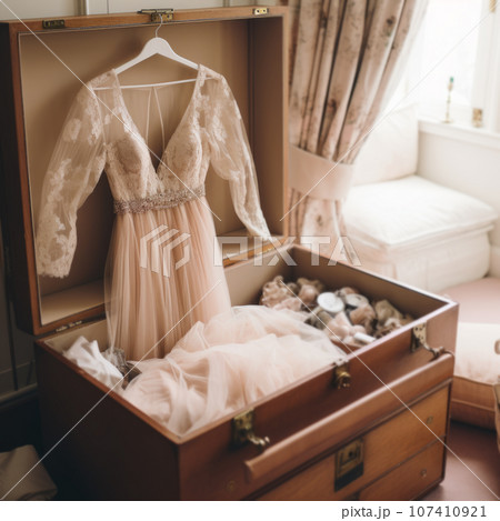 wedding dress hanging in the wardrobe 107410921