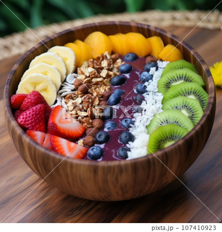 Acai bowl on wooden table close up 107410923