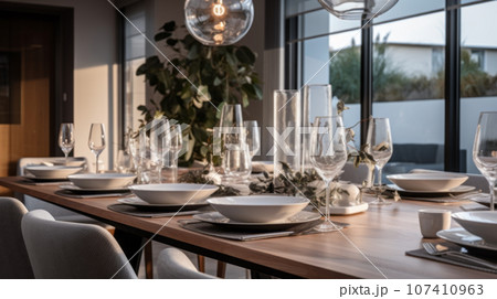 modern interior design with wood table and chairs modern interior design with wood table and chairs 107410963
