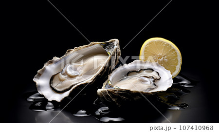 Close up of opened fresh oysters with lemon and ice Close up of opened fresh oysters with lemon and ice 107410968