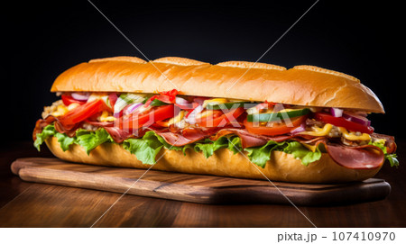 Submarine sandwich with ham, cheese, lettuce, tomatoes,onion on wooden table 107410970