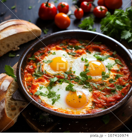 egg fried tomato shakshuk breakfast eggs vegetable meal food snack on the table egg fried tomato shakshuk breakfast eggs vegetable meal food snack on the table 107410974
