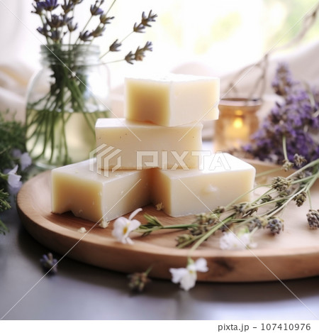 Bars of handmade soap with lavender flowers 107410976