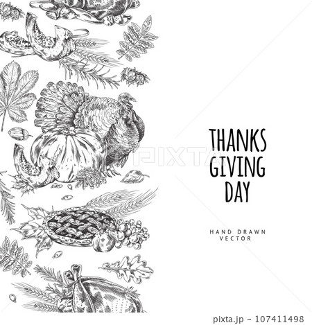 Thanksgiving day poster with seamless vertical border and text space. 107411498