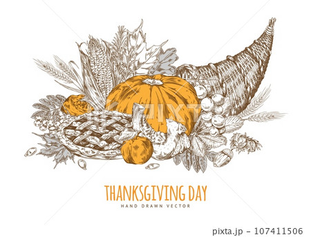 Cornucopia with pumpkin, pie, apple, leaves,corn and nuts vector illustration. 107411506
