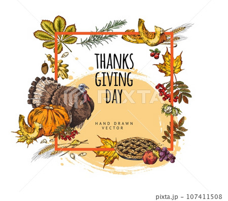 Frame for Thanksgiving Day design, hand drawn vector illustrations. Frame for Thanksgiving Day design, hand drawn vector illustrations. 107411508